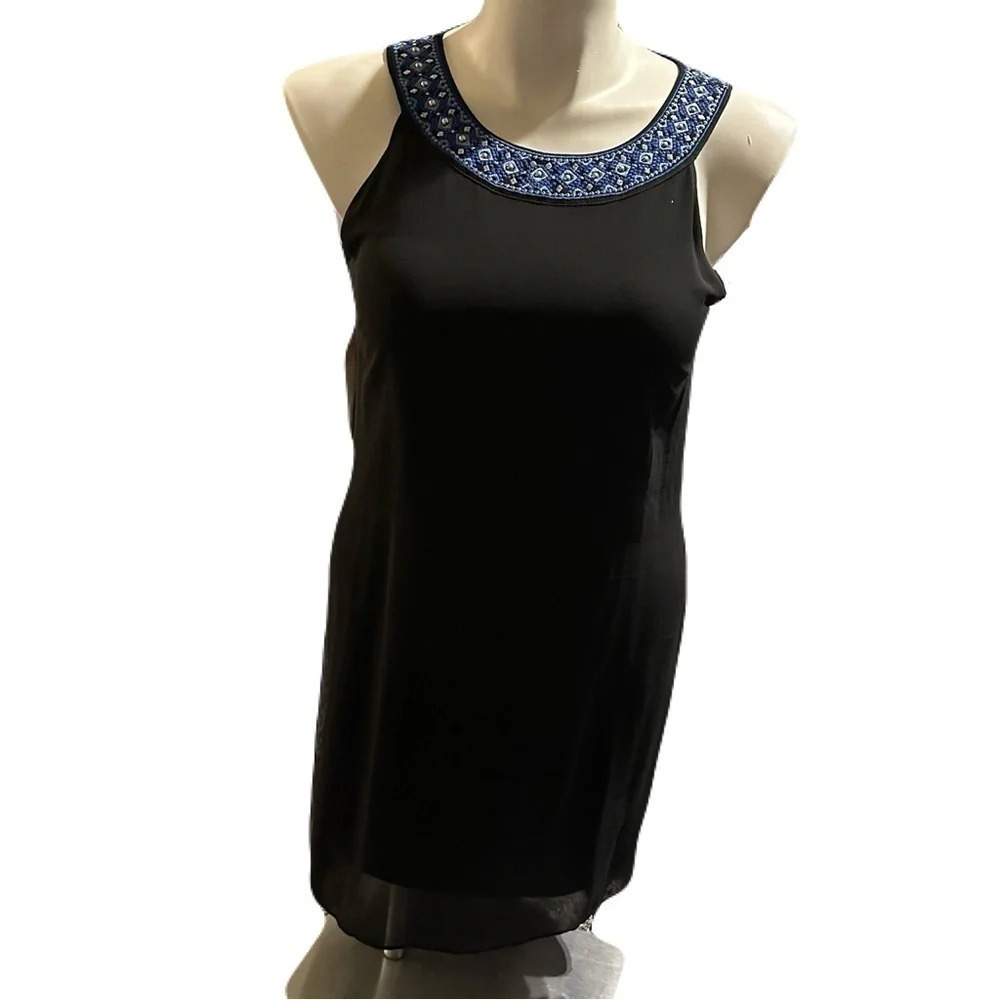White House Black Market Black Embroidered Sleeveless Lined Dress Size 8